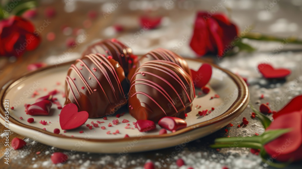 illustration with glazed chocolate with romantic decoration on a small plate illustration with glazed chocolate with romantic decoration on a small plate