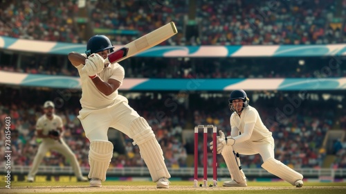 Cricket batsman playing with wicket-keeper on cricket stadium with crowd in background. Summer outdoor game