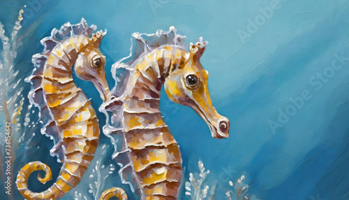 Oil painting of a Sea horses on pure blue background canvas, copyspace on a side