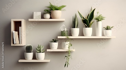 Light-toned floating shelves for displaying decora AI generated illustration