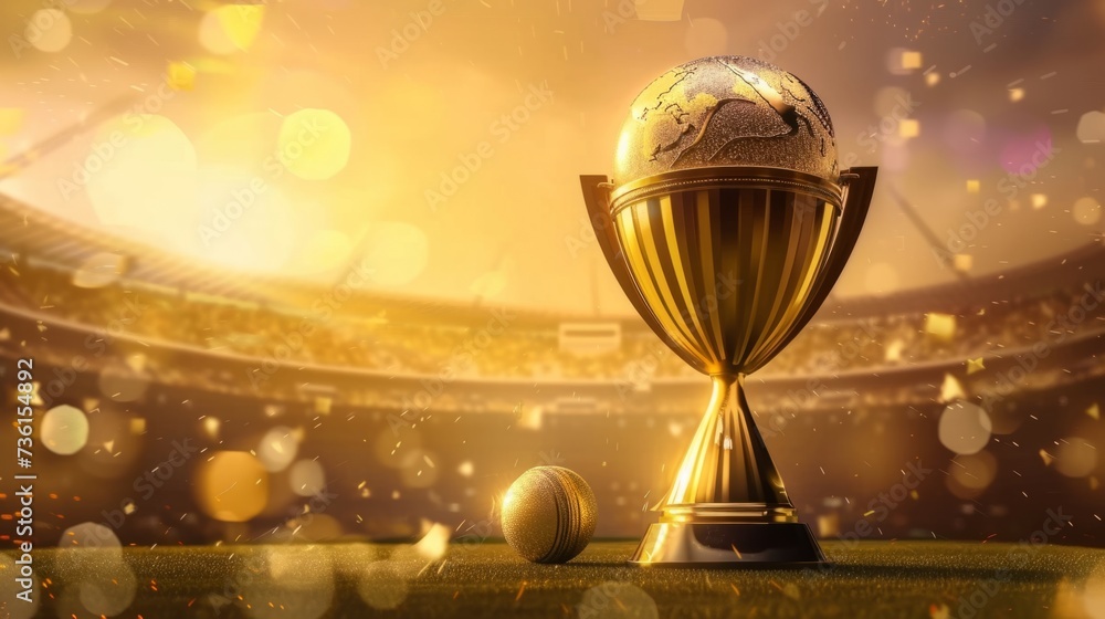 Golden cricket world cup trophy and ball on pitch with stadium background. Award ceremony graphics for international cricket competitions. - obrazy, fototapety, plakaty 