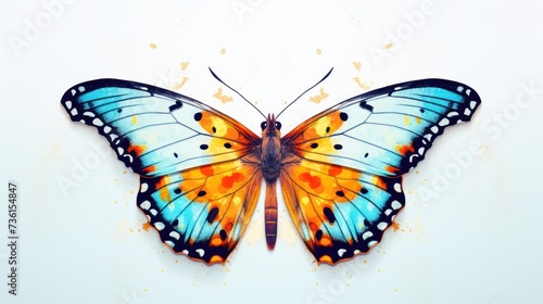 A beautiful blue and orange butterfly resting on a white surface. Perfect for nature-themed designs and educational materials
