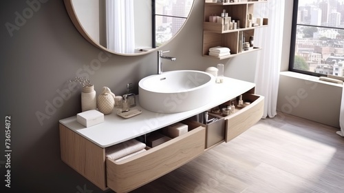 Light-toned floating vanity with integrated storag AI generated illustration