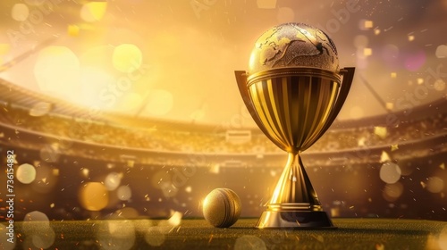 Golden cricket world cup trophy and ball on pitch with stadium background. Award ceremony graphics for international cricket competitions. photo