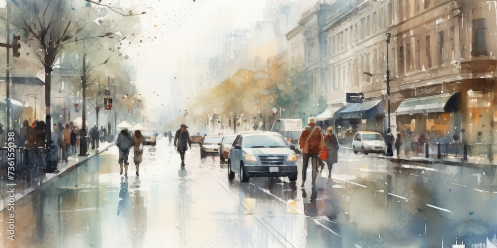 A painting depicting people walking down a city street. This image can be used to represent urban life and daily activities in a bustling city
