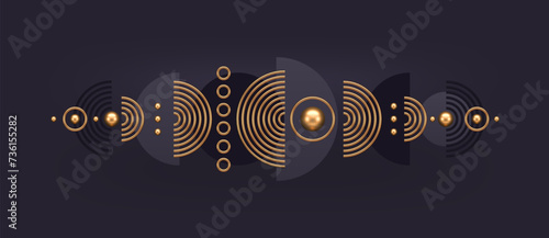 Abstract minimalistic background with circles and semicircle shape. Boho and scandinavian style design template with gold metal. Vector design element for card, invitation, poster, header.
