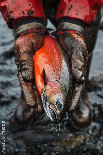 A person is shown holding a fish in their hands. This image can be used to depict fishing, seafood, or outdoor activities