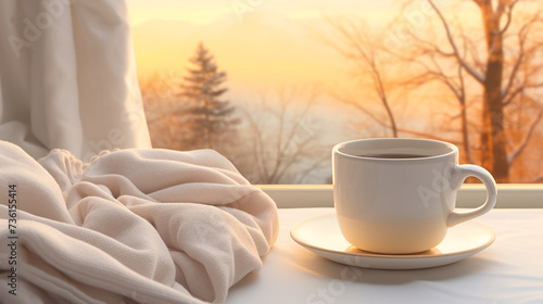 Warm and cozy atmosphere, a steaming cup of tea or coffee on the table. winter view from the window