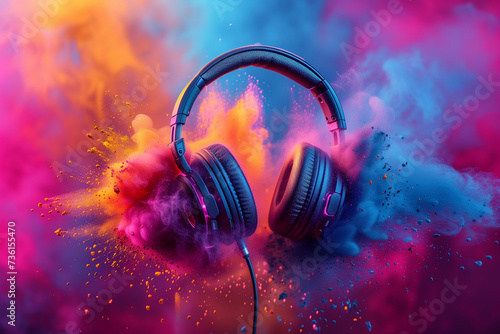 Celebrate World Music Day Vibrant Headset Headphones Amid Abstract Colorful Dust Background