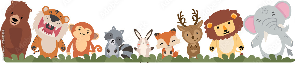 Set of Forest Animals flat doodle cartoon
