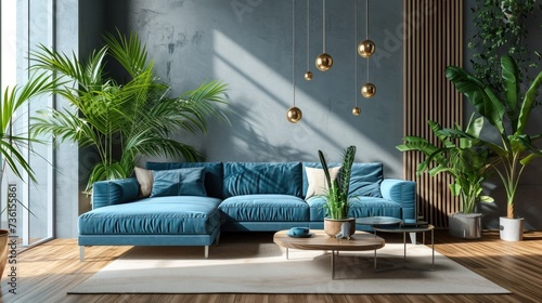 Modern Living Room Interior with Blue Sofa and Palm Trees - 3D Rendering