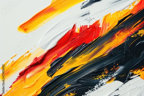 A close up view of a painting featuring a bold brush stroke in red  yellow  and black. This abstract artwork can add a vibrant and modern touch to any space