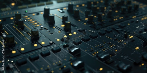 Close up view of a sound board with various knobs. This image can be used to illustrate audio mixing  sound engineering  or music production