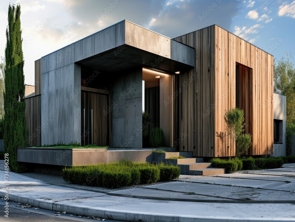 Minimalist Cubic Residential Architecture with Wood Cladding and Landscaping Design