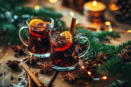 Traditional Christmas Mulled Wine with Festive Decorations on Snowy Background