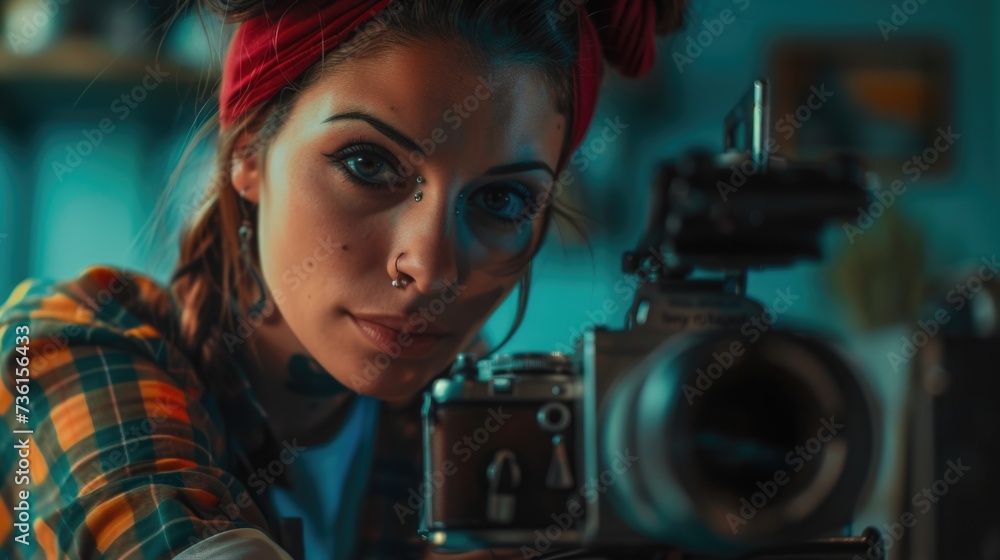 A woman wearing a red headband is holding a camera. This image can be used to represent photography, hobbies, or capturing memories A woman wearing a red headband is holding a camera. This image can be used to represent photography, hobbies, or capturing memories