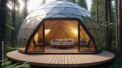 Forest glamping dome: geodesic bubble with LED lighting.