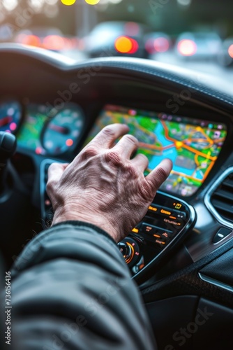 A man is seen driving a car with a GPS device in his hand. This versatile image can be used to depict modern navigation, technology, transportation, or multitasking