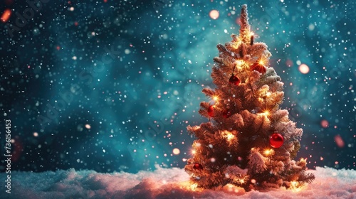 Enchanting Christmas: Illuminated Tree in Snow-covered Night, Perfect for Holiday Background with Copy Space photo