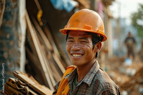 Smiling Vietnamese Construction Worker Carrying Building Materials on Site