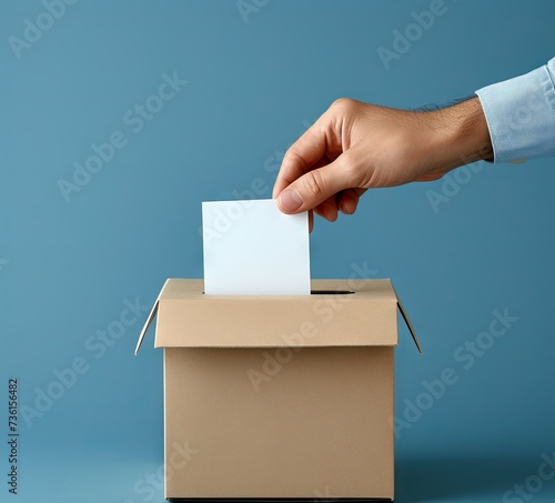 A hand puts a piece of paper into a cardboard ballot box. Concept: Close-up of the election process. political voters