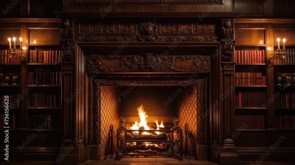 A cozy fireplace surrounded by shelves filled with books. Perfect for adding warmth and ambiance to any library or reading nook A cozy fireplace surrounded by shelves filled with books. Perfect for adding warmth and ambiance to any library or reading nook