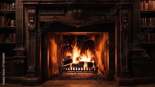 A cozy fire burns in a fireplace with bookshelves in the background. Perfect for adding warmth and ambiance to any space