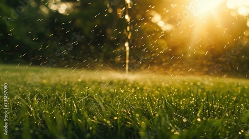 A sprinkler spraying water on a well-maintained lawn. Suitable for use in gardening and landscaping projects © Fotograf