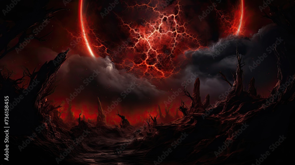 Fototapeta premium dark planet, light behind, red, nebula, hdr, stunning
