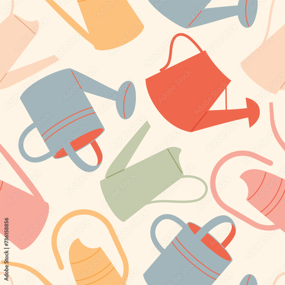 Seamless pattern with different old fashioned cute watering cans, hand drawn vector illustration