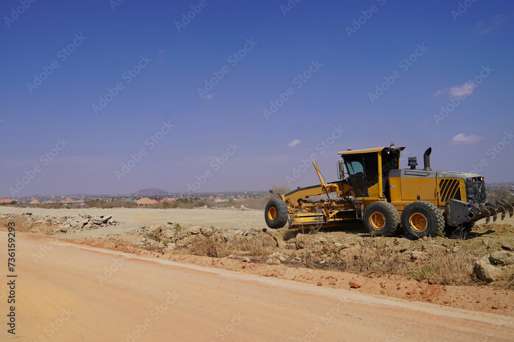 construction machines at works, dozer, roller machine, excavator, crawler rock drill machine, trucks, GPS grader construction machines at works, dozer, roller machine, excavator, crawler rock drill machine, trucks, GPS grader