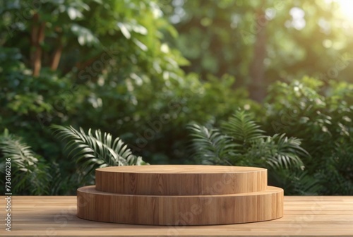 Wooden product display podium with blurred nature leaves background. 3D rendering