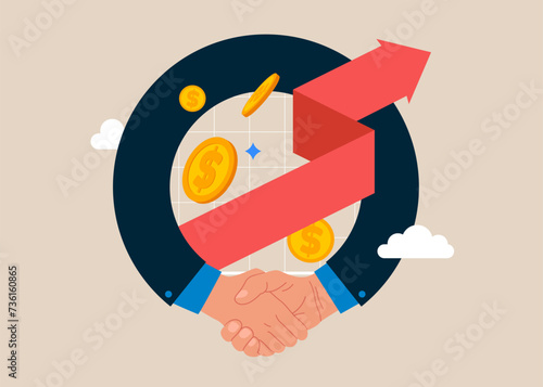 Growth chart increase up value investment. Business people shaking hand after business deal. Flat vector illustration.