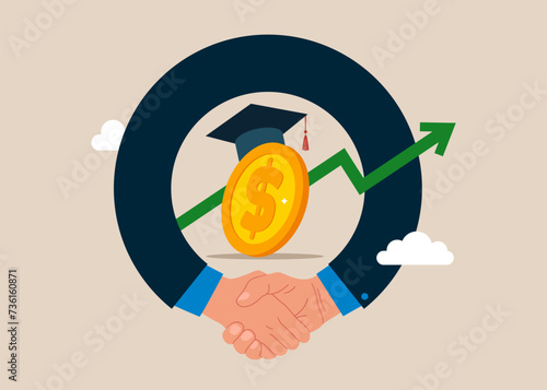 Business people shaking hand after business deal. Tuition fees, scholarship. Dollar coin wearing academic graduation mortarboard hat. Flat vector illustration