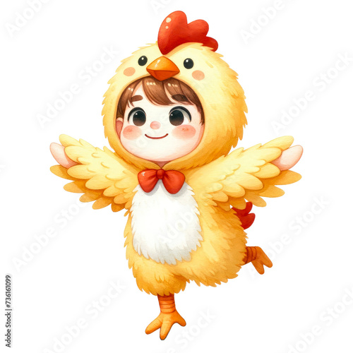 Watercolor cute kid in a chicken suit flying. Children's recreational activity. Kid chicken costume clipart.