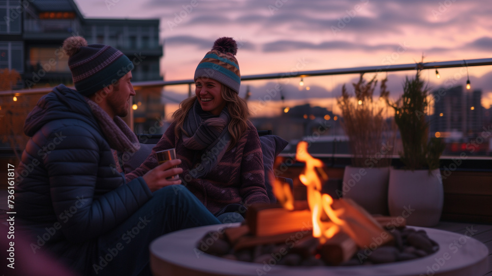 Happy Couple Enjoying an Evening by an Outdoor Fire Pit in Cold Weather Attire, Cozy Atmosphere on a Rooftop Terrace with Ambient Lighting and Potted Plants Against a Beautiful Twilight Sky