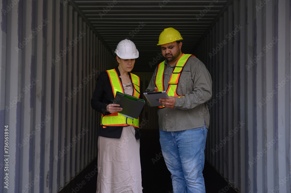 Manager survey load container for shipping plan in Logistic container area company. Manager survey load container for shipping plan in Logistic container area company.