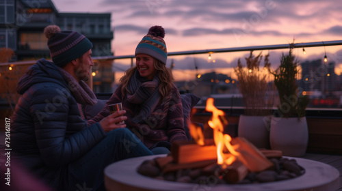 Happy Couple Enjoying an Evening by an Outdoor Fire Pit in Cold Weather Attire, Cozy Atmosphere on a Rooftop Terrace with Ambient Lighting and Potted Plants Against a Beautiful Twilight Sky