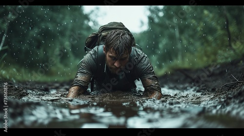 A man getting fun while competing in the rainy by gnawing thru mud and big copy space, Generative AI.