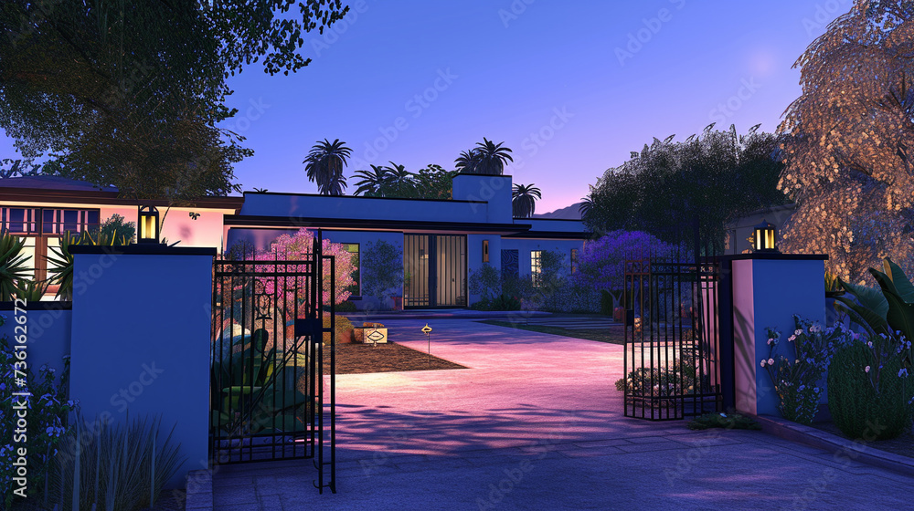 A contemporary structure with a deep sky blue exterior, paired with a sparse backyard and a chic wrought iron gate, under the calming hues of early evening