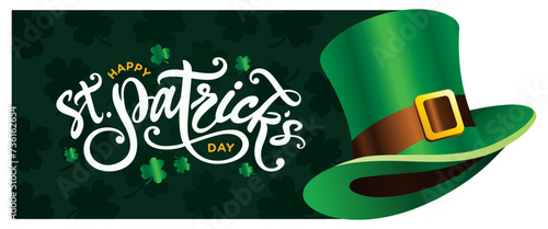 St. Patrick's day card, leprechaun hat clipart, background, flyer, banner, poster, with Happy St. Patrick's day text, logo, hand lettering, four leaf clover outline, shamrock vector printable