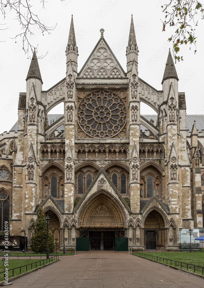  Exterior Architecture of The gothic Westminster Abbey (The Collegiate Church of St Peter at City of Westminster) is Traditional place of coronation and burial site for English monarchs, Space for tex
