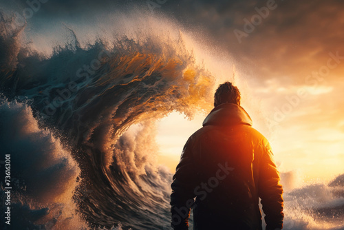 Man standing front of big strom wave background. Challenge and brave concept. Generative ai.. photo