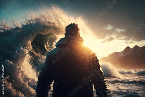 Man standing front of big strom wave background. Challenge and brave concept. Generative ai..