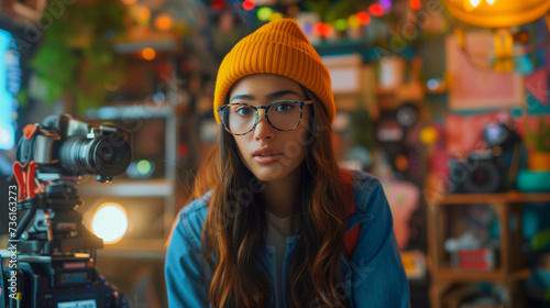 A young in a vibrant studio setting up camera for a video blog session, surrounded by colorful lights..