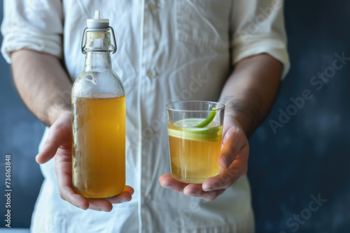 Male hands holding a glass and bottle of healthy homemade fermented kombucha tea