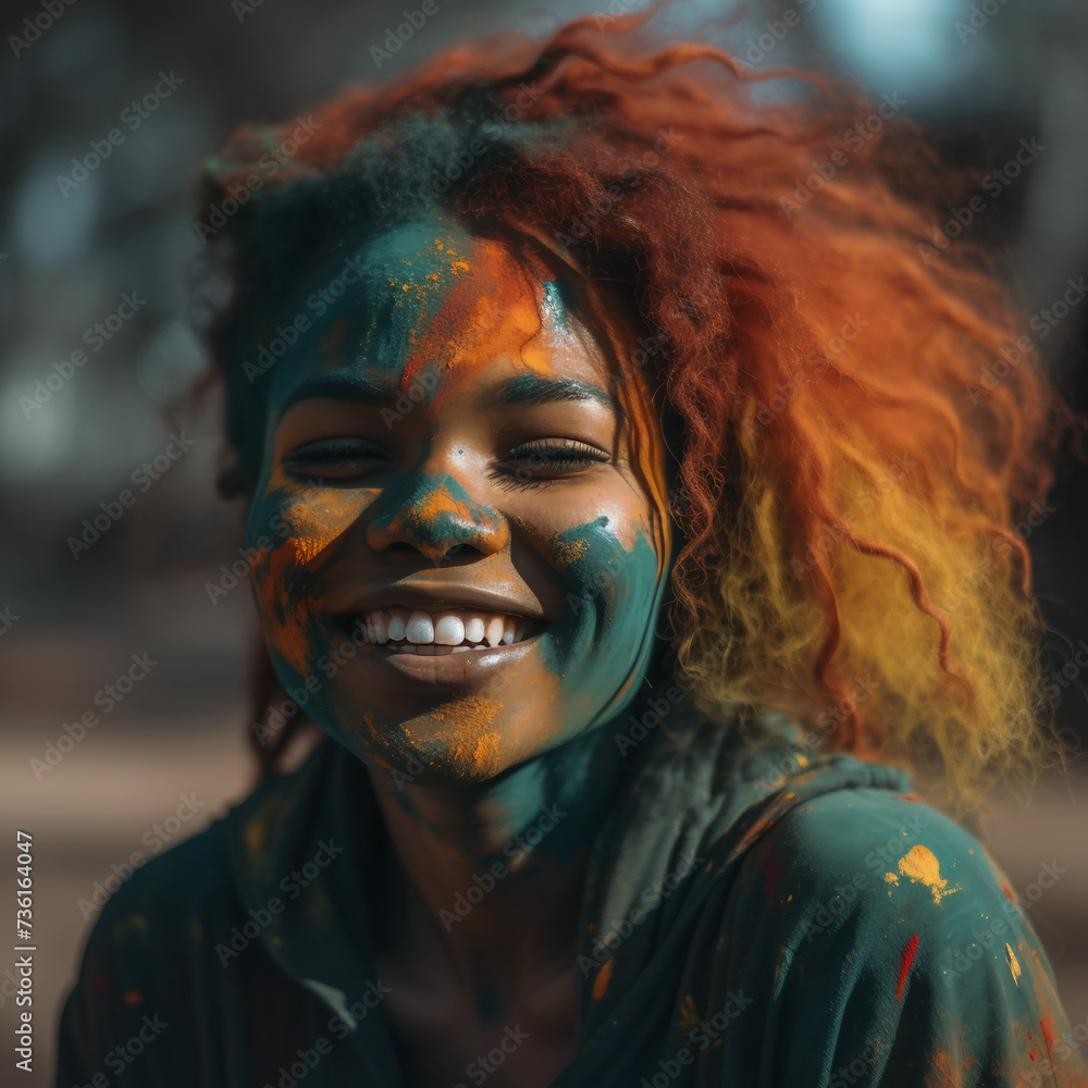  African American  woman with face paint,  Holi festival