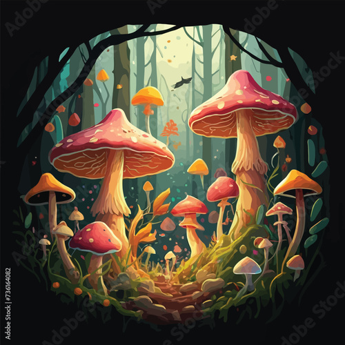 Vector Flat Mushrooms Illustration, Mushrooms Collection. Magic Mushroom Symbol, Design Template