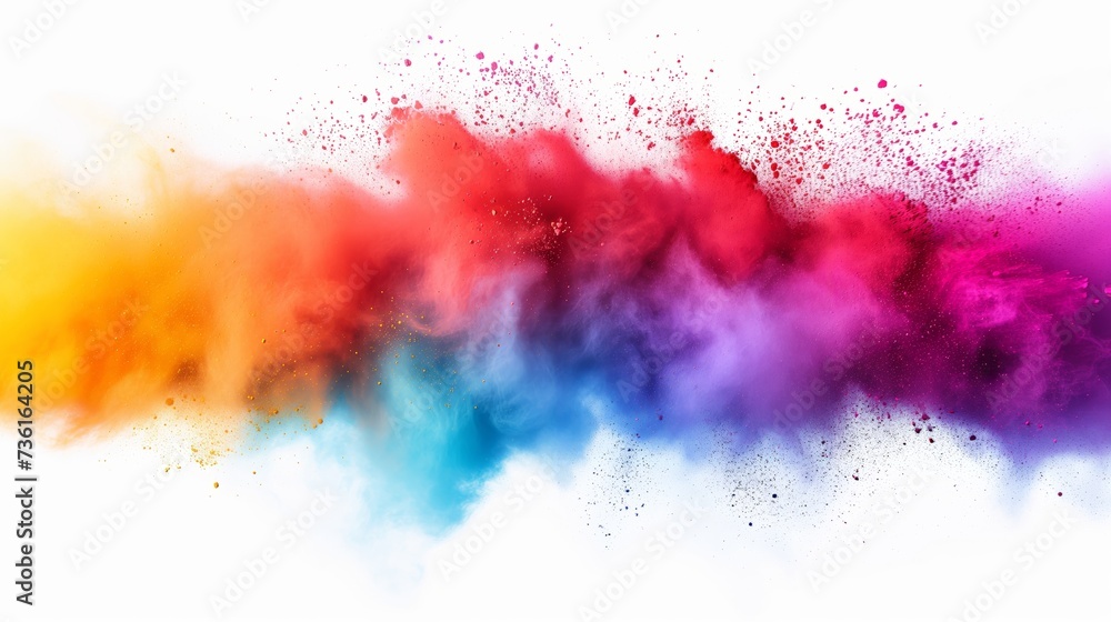 Colored powder explosion. Paint holi, Colorful rainbow holi paint splash on isolated white background - obrazy, fototapety, plakaty 