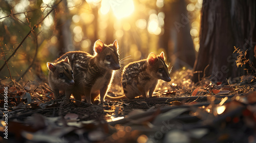 Quoll family in the forest with setting sun shining. Group of wild animals in nature. © linda_vostrovska